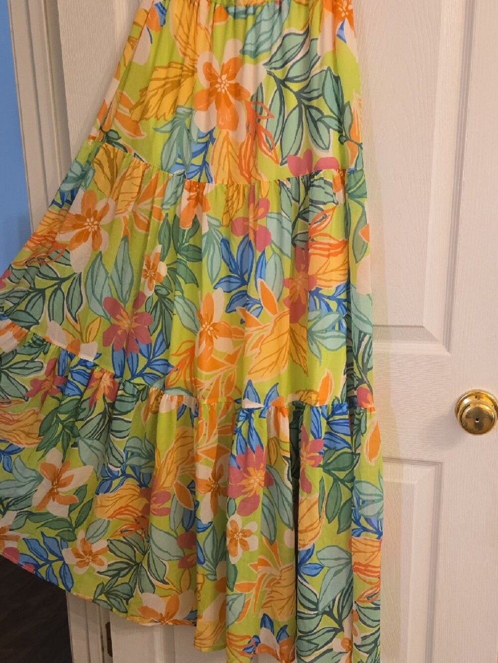 EUC Flying Tomato Yellow Multi Floral Tiered Maxi Skirt